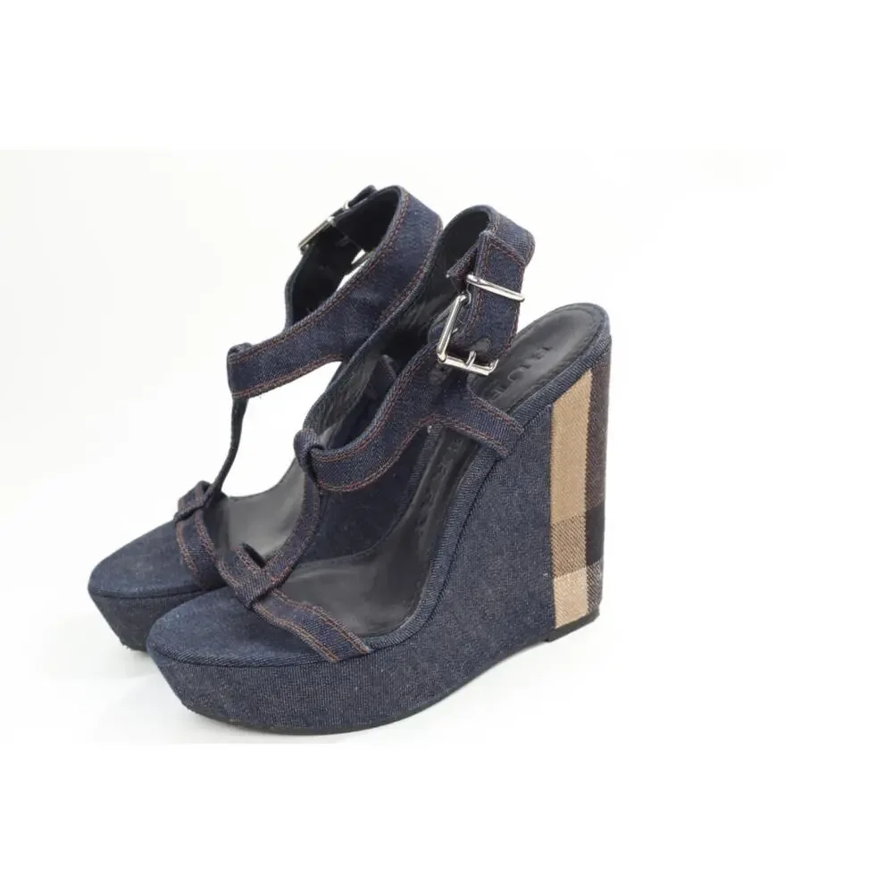 Burberry Navy Denim Buckle Ankle T-Strap Wedge Sandals Designer Shoes Size 38.5 - Picture 15 of 16